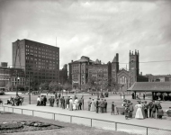 Cleveland Ohio circa  Public Square Lyceum Theatre and Old Stone Church in background; people waiting for streetcar